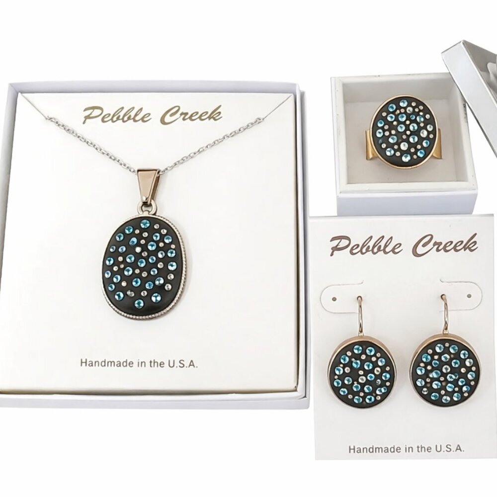 Handcrafted Swarovski Light Aqua Crystal & Clay Oval Pendant Set